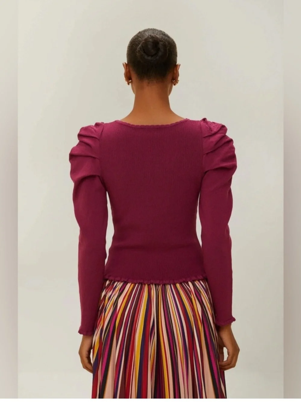 FARM RIO Burgundy Knit Corset Top fuchsia pink purple puff sleeve scoop neck